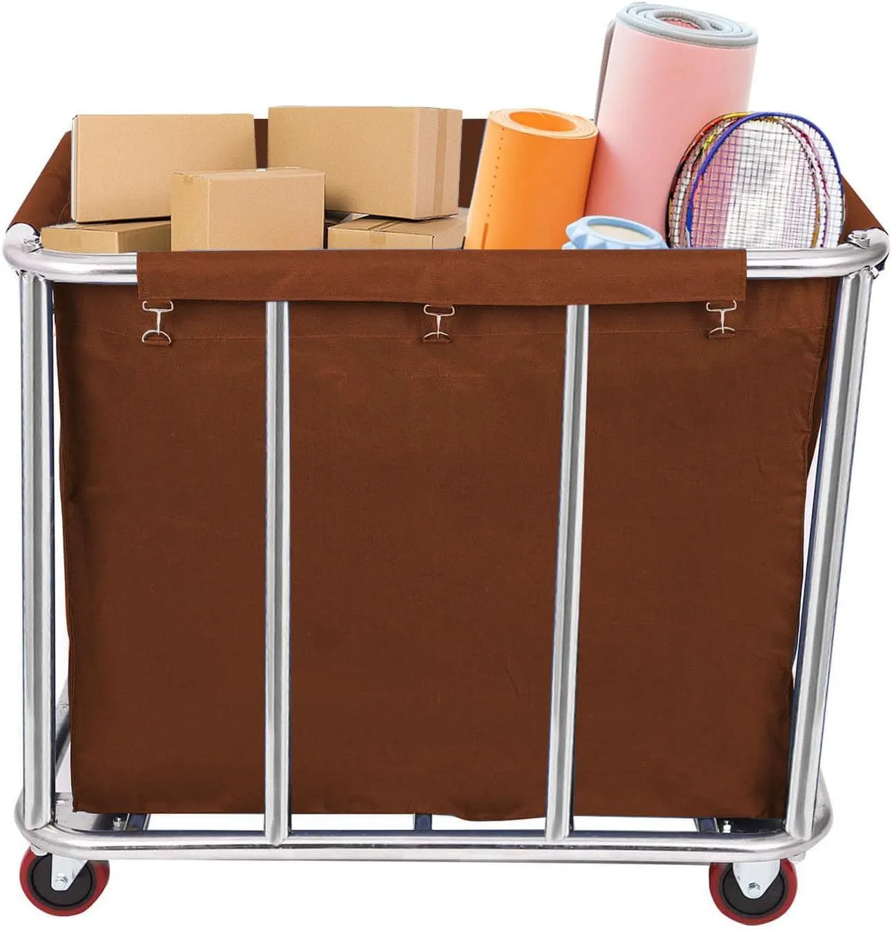 10 Bushels Laundry Cart Commercial/Home,Heavy Duty Large Stainless Steel Rolling Laundry Basket with Wheels，for Laundry Organizer and Storage,260LBS Load (Brown)