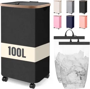 100L Laundry Basket With Wheels,Rolling Dirty Clothes Hamper With Lid,Large Collapsible Laundry Cart in Laundry Room Bedroom Bathroom College Dorm for Adults,Black