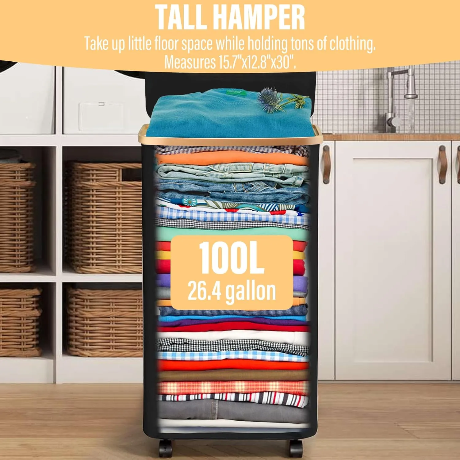 100L Laundry Basket With Wheels,Rolling Dirty Clothes Hamper With Lid,Large Collapsible Laundry Cart in Laundry Room Bedroom Bathroom College Dorm for Adults,Black
