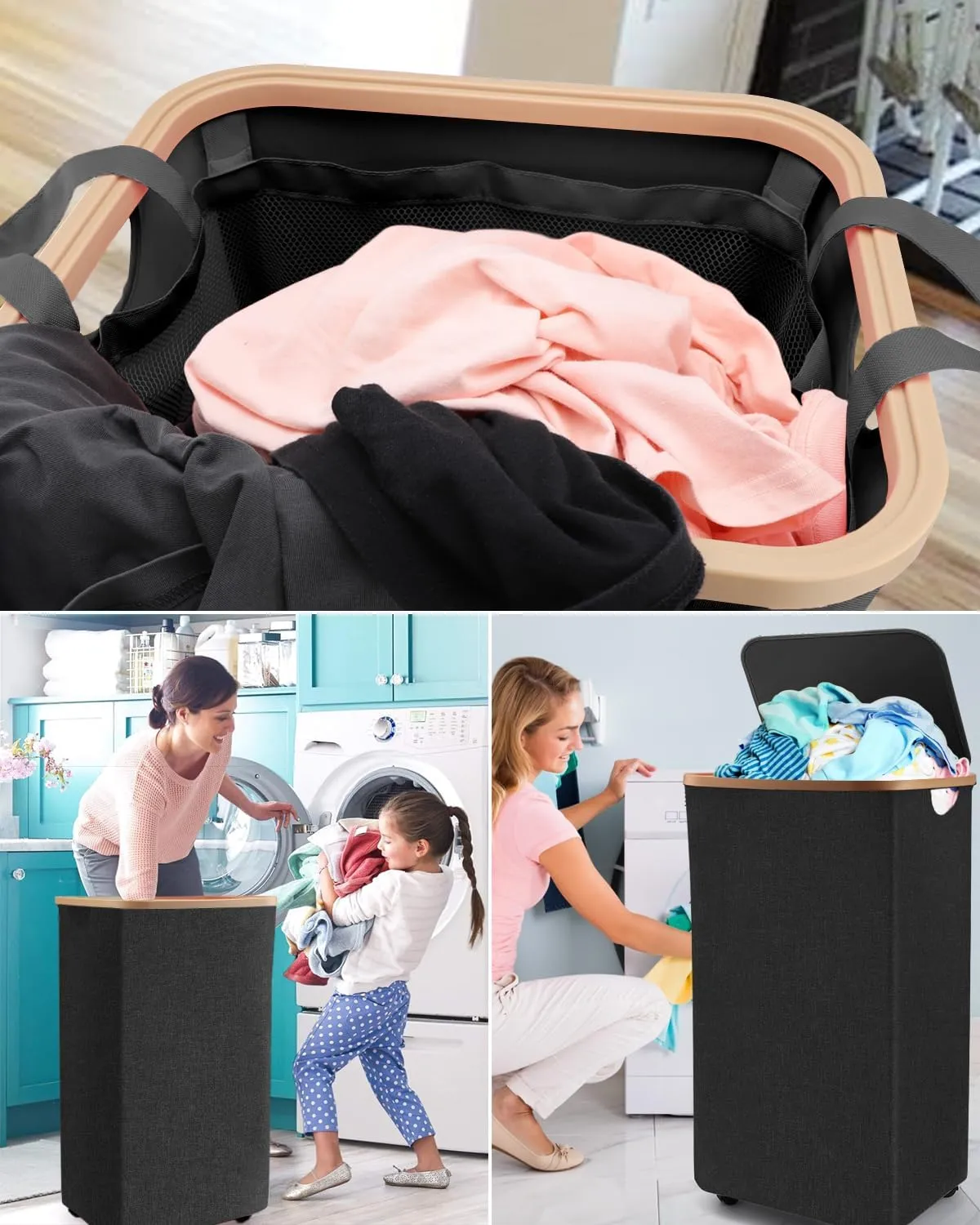 100L Laundry Basket With Wheels,Rolling Dirty Clothes Hamper With Lid,Large Collapsible Laundry Cart in Laundry Room Bedroom Bathroom College Dorm for Adults,Black
