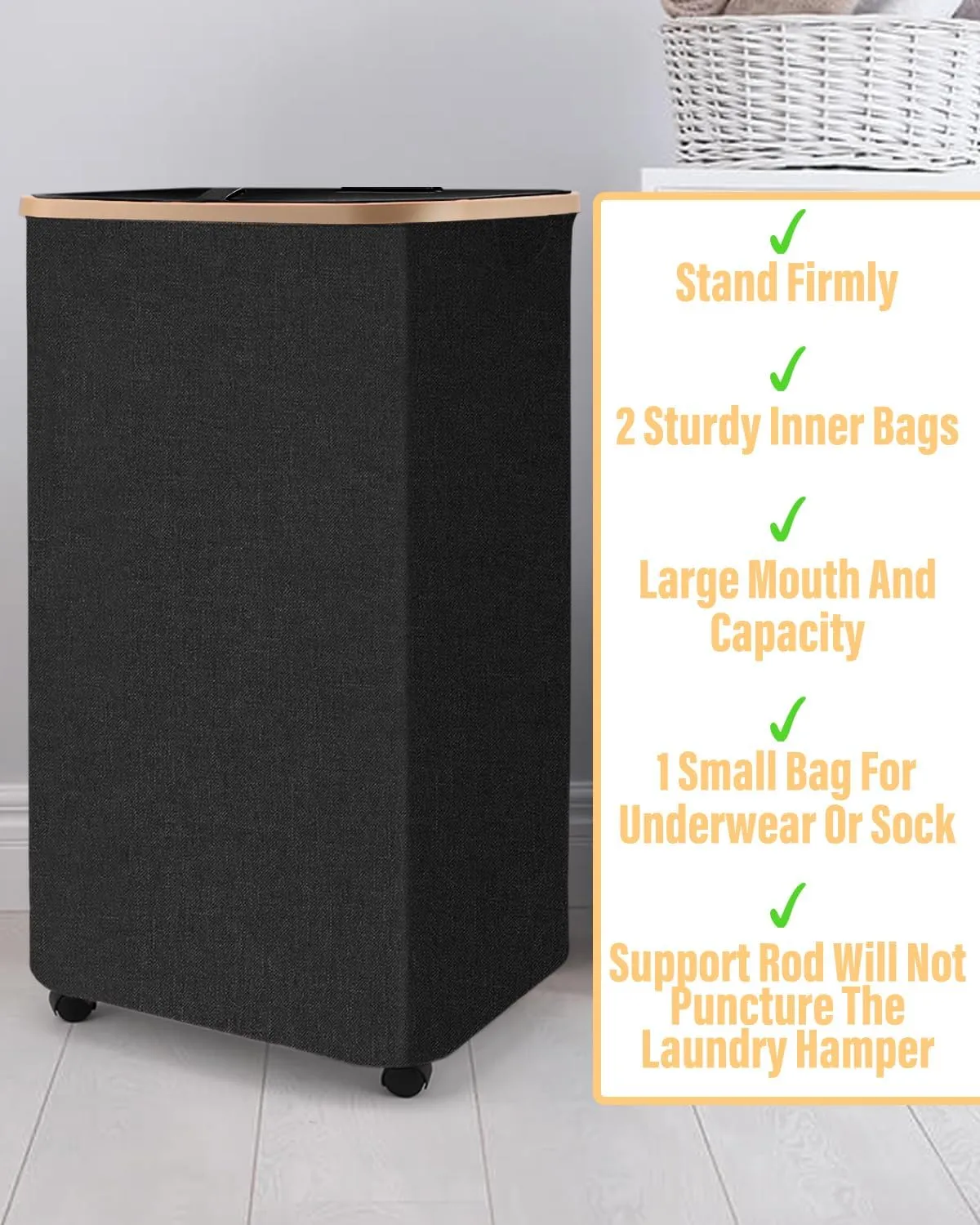 100L Laundry Basket With Wheels,Rolling Dirty Clothes Hamper With Lid,Large Collapsible Laundry Cart in Laundry Room Bedroom Bathroom College Dorm for Adults,Black