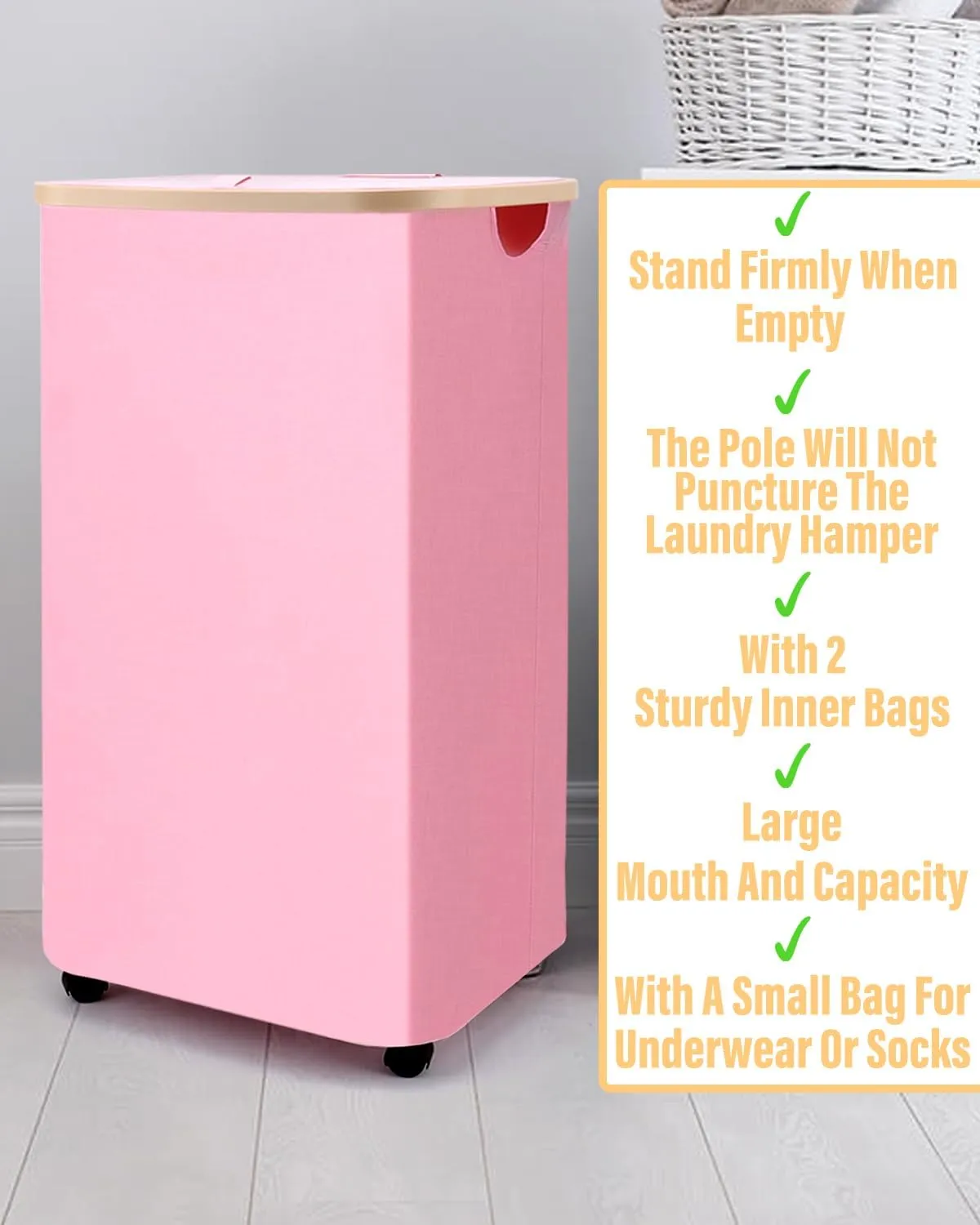 100L Laundry Basket With Wheels,Rolling Dirty Clothes Hamper With Lid,Large Collapsible Laundry Cart in Laundry Room Bedroom Bathroom College Dorm for Adults,Pink