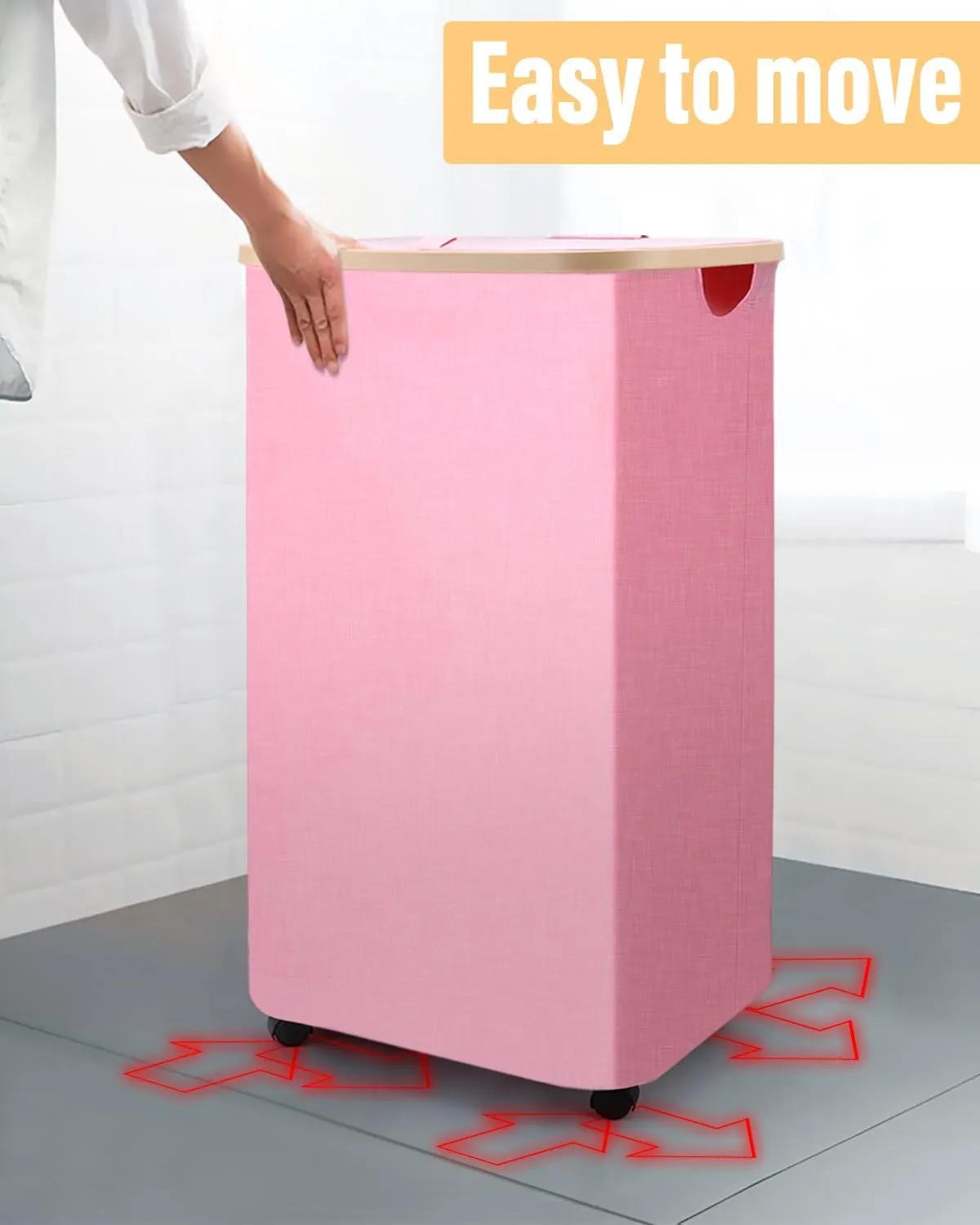 100L Laundry Basket With Wheels,Rolling Dirty Clothes Hamper With Lid,Large Collapsible Laundry Cart in Laundry Room Bedroom Bathroom College Dorm for Adults,Pink