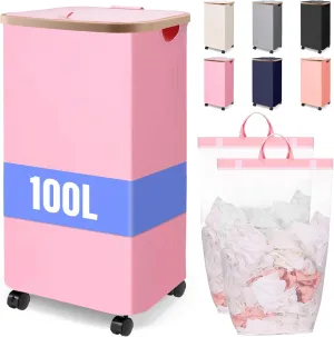 100L Laundry Basket With Wheels,Rolling Dirty Clothes Hamper With Lid,Large Collapsible Laundry Cart in Laundry Room Bedroom Bathroom College Dorm for Adults,Pink