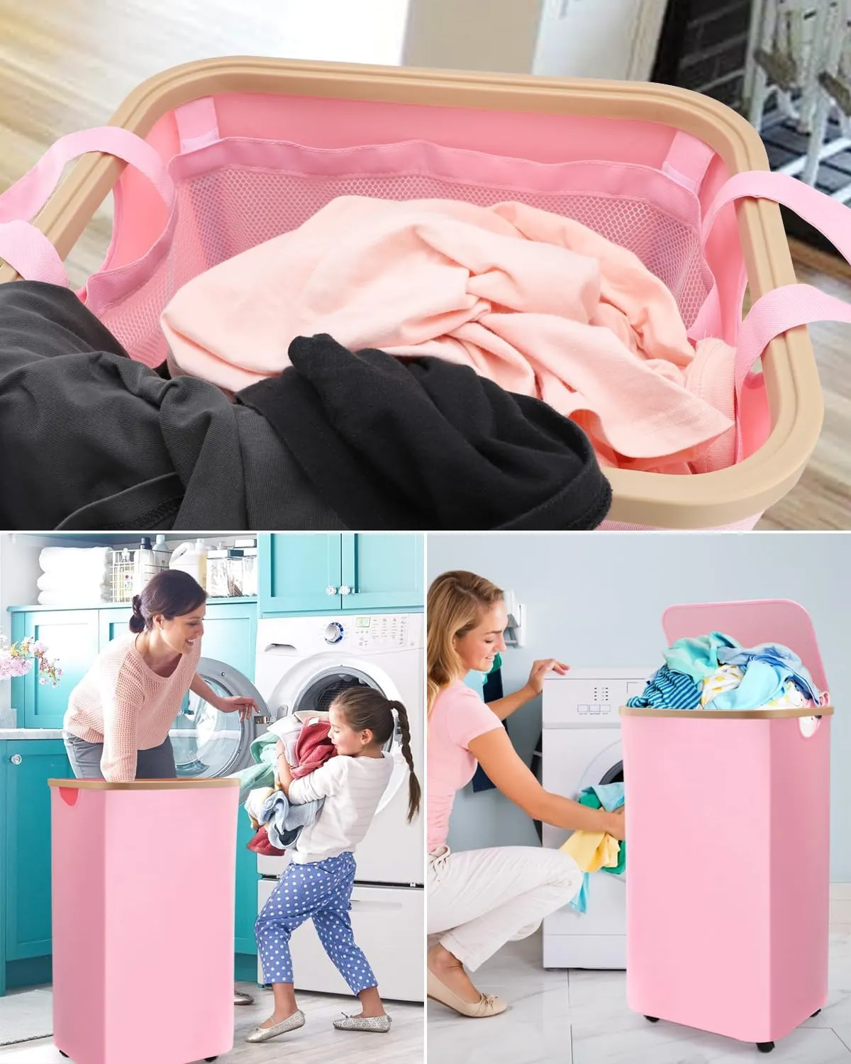 100L Laundry Basket With Wheels,Rolling Dirty Clothes Hamper With Lid,Large Collapsible Laundry Cart in Laundry Room Bedroom Bathroom College Dorm for Adults,Pink