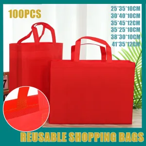100PCS Reusable Non Woven Shopping Bags Eco Friendly Washable Tote Bags Red