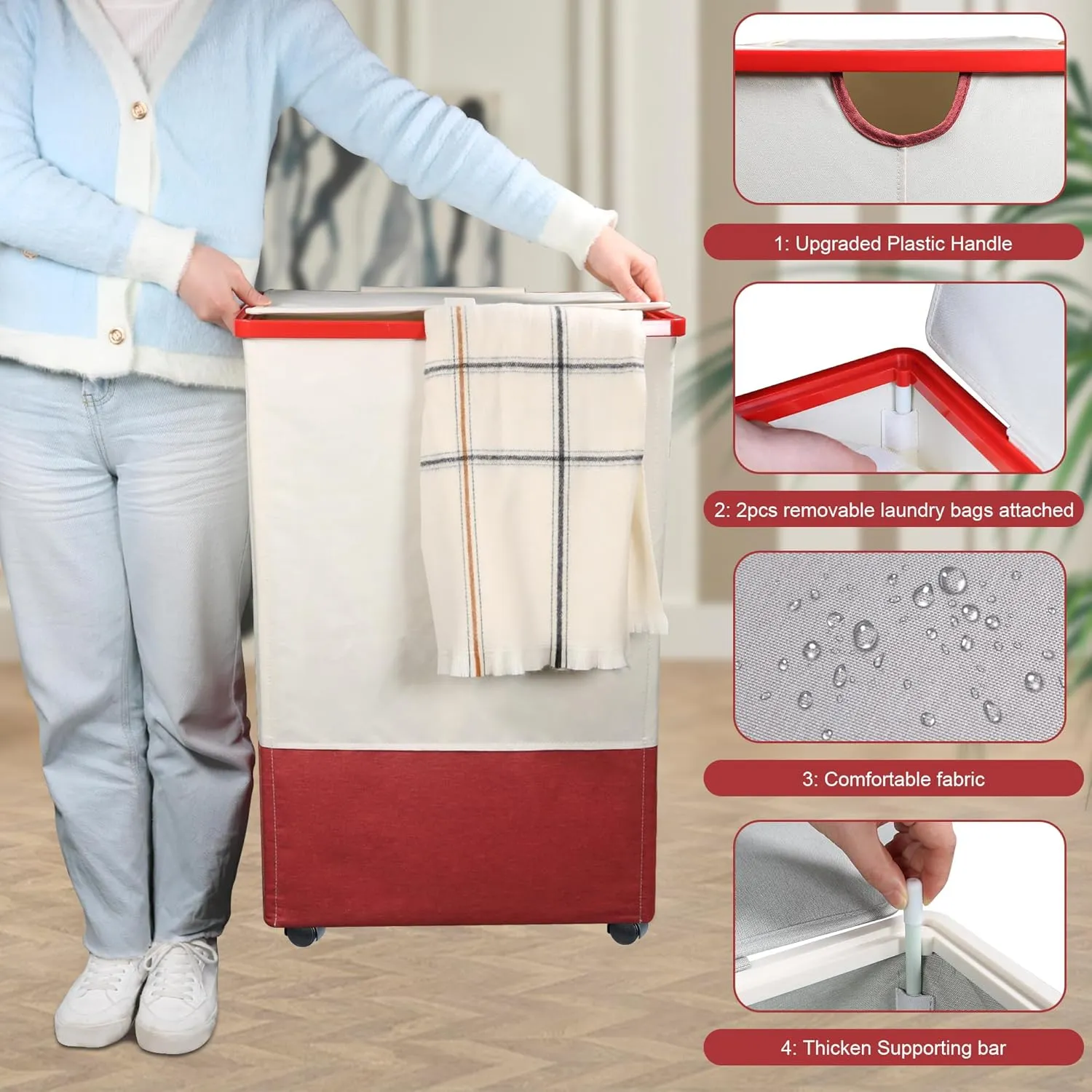 [105L] Large Capacity Laundry Basket, Laundry Hamper with Wheels and Lid - Tall Rolling Laundry Hamper, Foldable Clothes Hamper with Removable Bags, Durable Laundry Bin on Wheels for Home, Dorm.