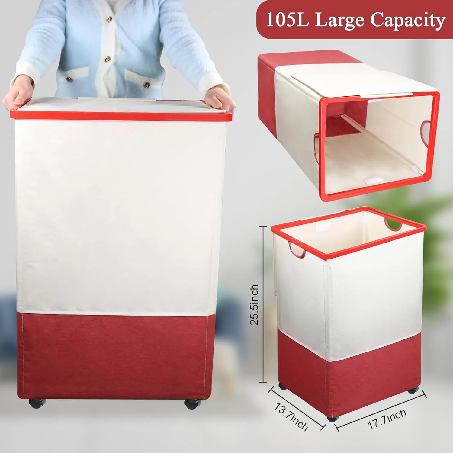 [105L] Large Capacity Laundry Basket, Laundry Hamper with Wheels and Lid - Tall Rolling Laundry Hamper, Foldable Clothes Hamper with Removable Bags, Durable Laundry Bin on Wheels for Home, Dorm.