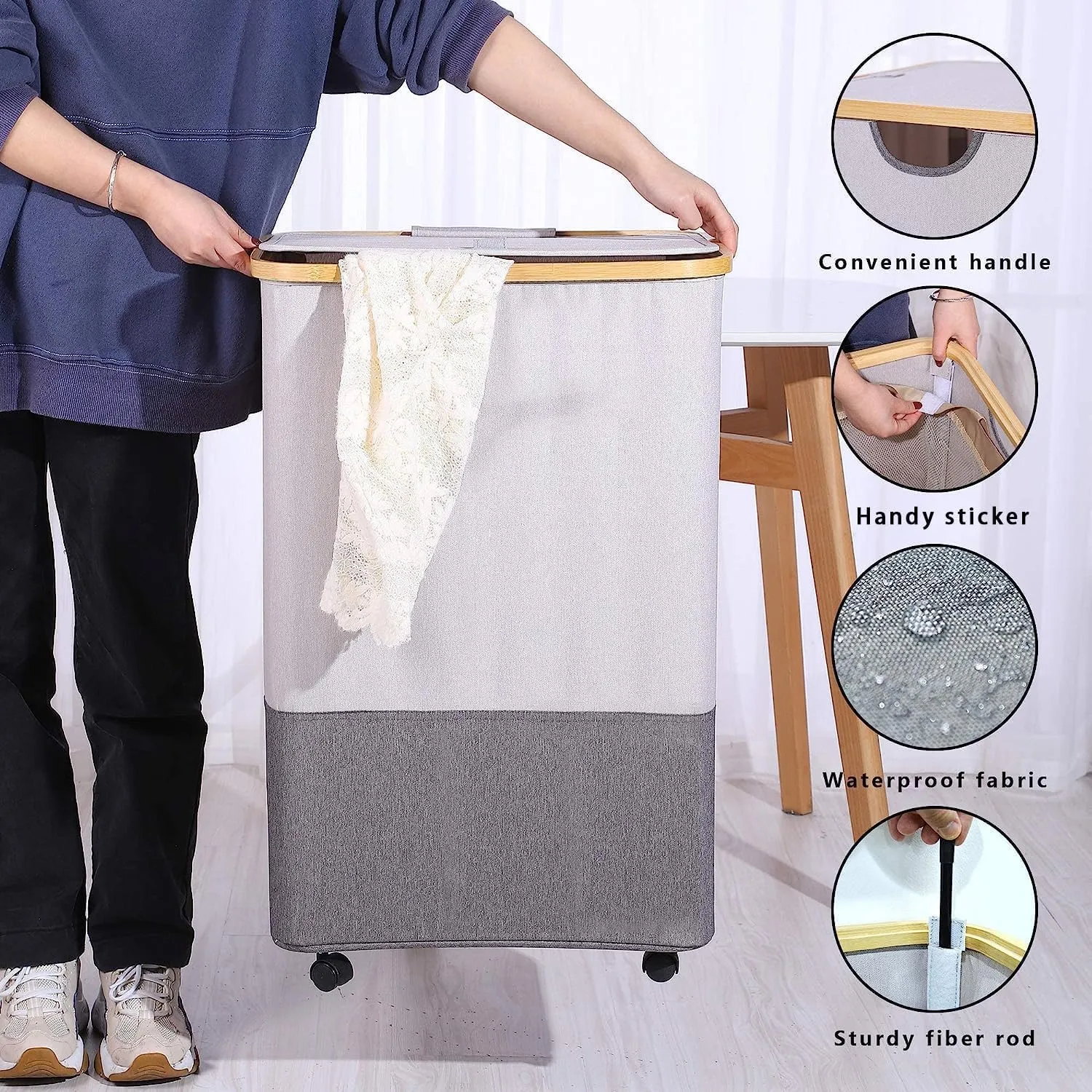 105L Large Laundry Basket, Laundry Hamper with Wheels and Lid - Tall Rolling Foldable Clothes Hamper with Removable Bags, Durable Laundry Bin on Wheels for Home, Dorm.