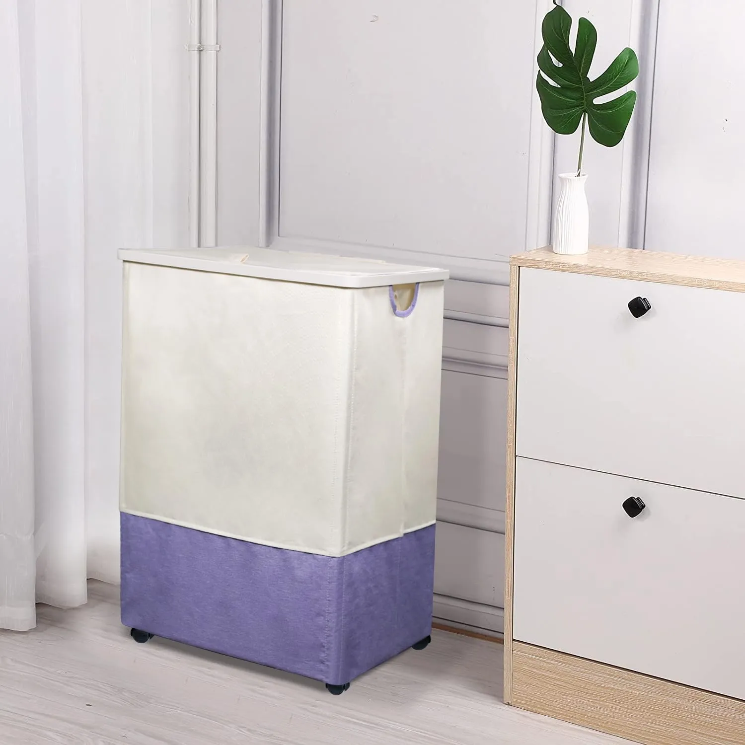 [105L] Large Laundry Basket, Laundry Hamper with Wheels and Lid - Tall Rolling Laundry Hamper, Foldable Clothes Hamper with Removable Bags, Durable Laundry Bin on Wheels for Home, Dorm. Purple