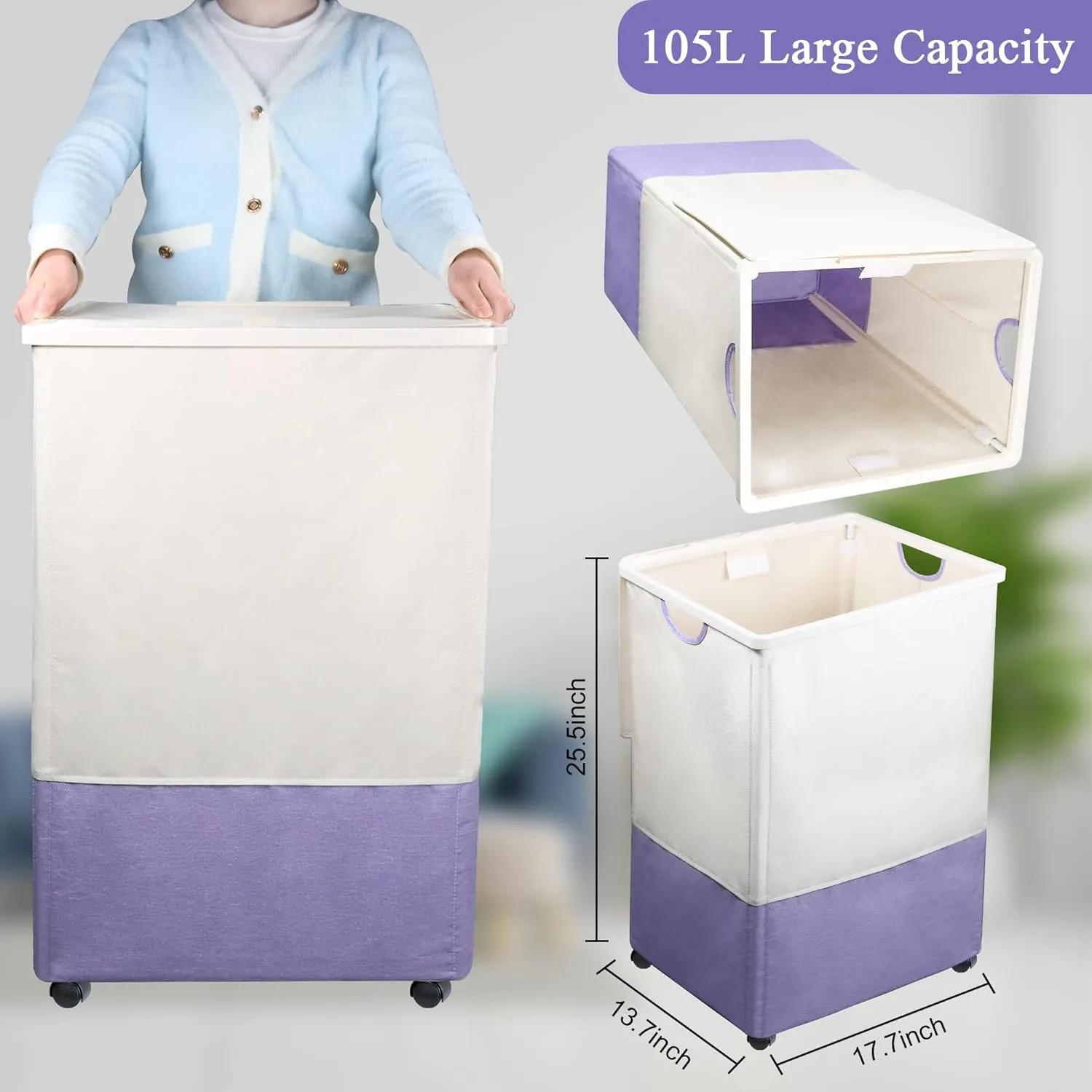 [105L] Large Laundry Basket, Laundry Hamper with Wheels and Lid - Tall Rolling Laundry Hamper, Foldable Clothes Hamper with Removable Bags, Durable Laundry Bin on Wheels for Home, Dorm. Purple