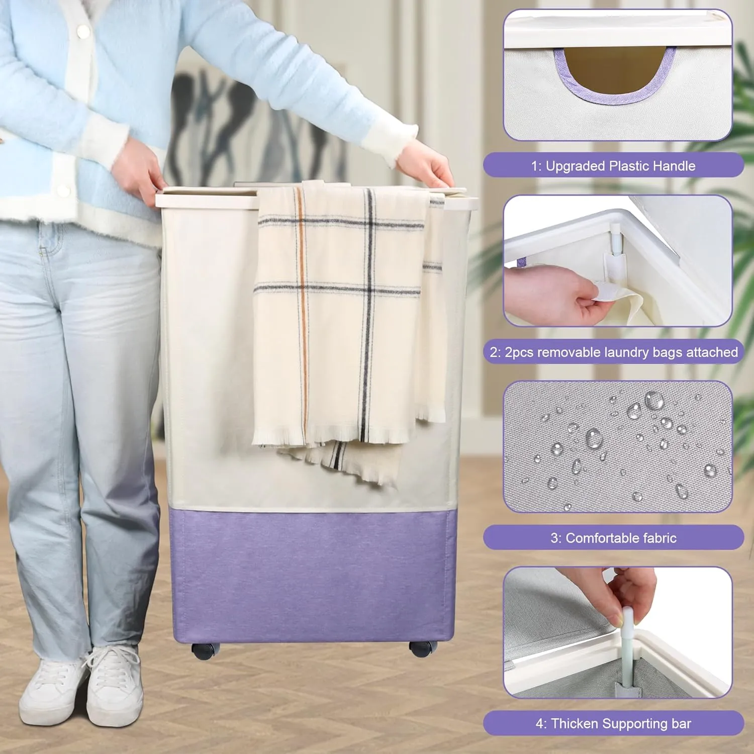 [105L] Large Laundry Basket, Laundry Hamper with Wheels and Lid - Tall Rolling Laundry Hamper, Foldable Clothes Hamper with Removable Bags, Durable Laundry Bin on Wheels for Home, Dorm. Purple