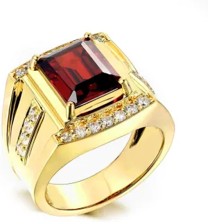 10K/14K/18K Solid Gold Garnet Men's Rings Yellow Gold Man Emerald Cut 2CT Red Garnet Chunky Signet Luxury Anniversary Engagement Band Ring for Men Him Size 4-16