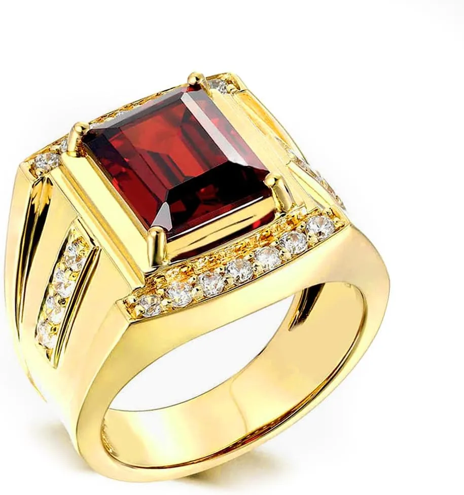 10K/14K/18K Solid Gold Garnet Men's Rings Yellow Gold Man Emerald Cut 2CT Red Garnet Chunky Signet Luxury Anniversary Engagement Band Ring for Men Him Size 4-16