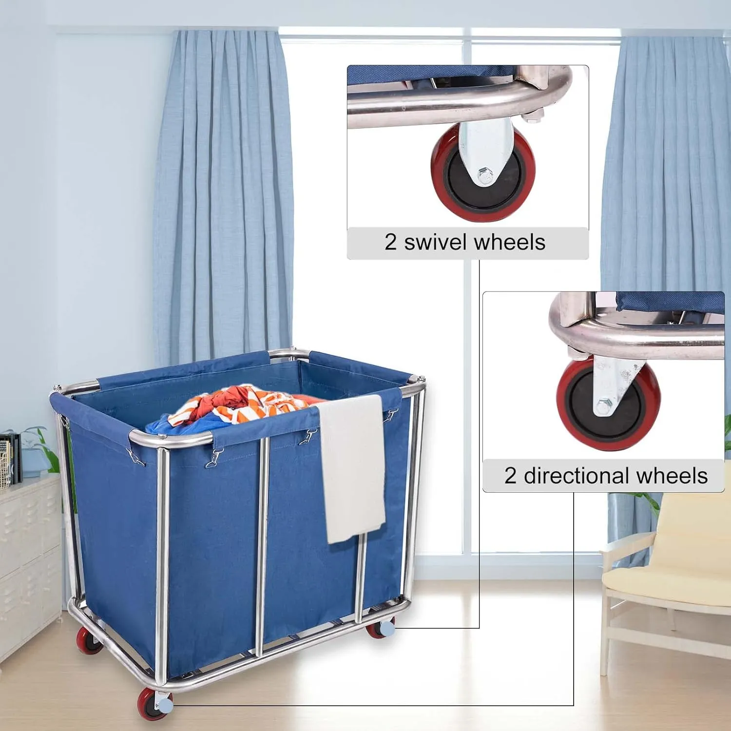 12 Bushels Laundry Cart Commercial/Home,Heavy Duty Large Stainless Steel Rolling Laundry Basket with Wheels，for Laundry Organizer and Storage,260LBS Load (12 Bushels - Blue - 8 Tubes)