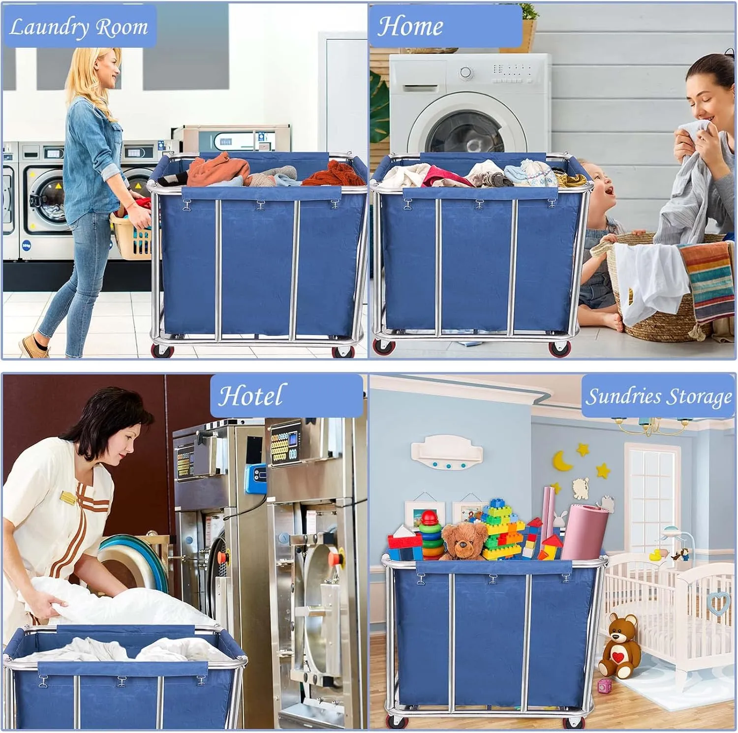 12 Bushels Laundry Cart Commercial/Home,Heavy Duty Large Stainless Steel Rolling Laundry Basket with Wheels，for Laundry Organizer and Storage,260LBS Load (12 Bushels - Blue - 8 Tubes)
