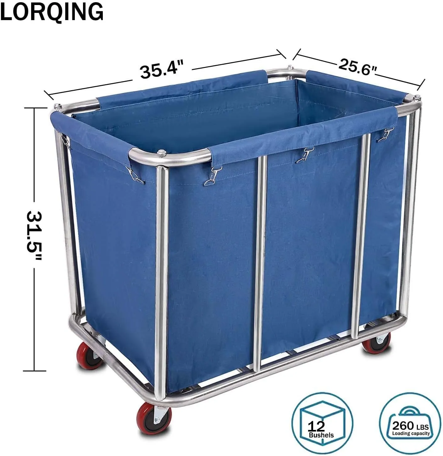 12 Bushels Laundry Cart Commercial/Home,Heavy Duty Large Stainless Steel Rolling Laundry Basket with Wheels，for Laundry Organizer and Storage,260LBS Load (12 Bushels - Blue - 8 Tubes)