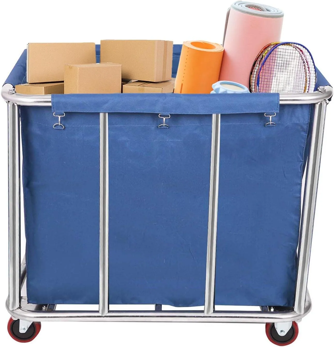 12 Bushels Laundry Cart Commercial/Home,Heavy Duty Large Stainless Steel Rolling Laundry Basket with Wheels，for Laundry Organizer and Storage,260LBS Load (12 Bushels - Blue - 8 Tubes)