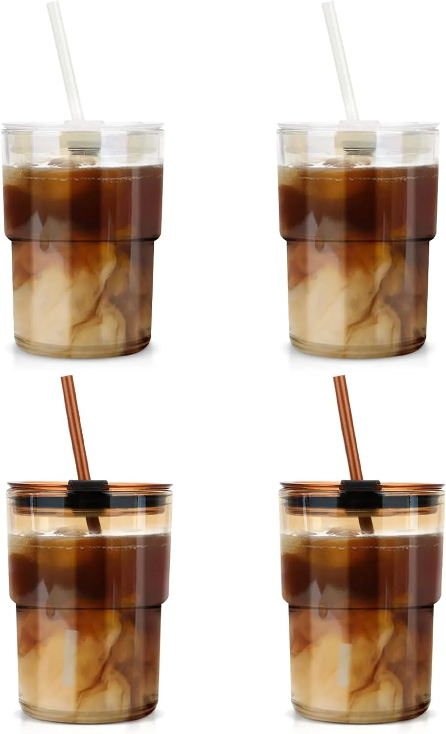 13oz Tumbler Water Glass Cups with Straw and Lid, 4 Pack Reusable Glass Tumbler for Iced Tea, Coffee, Sealed Carry-On Travel Cups for Office, Party, Camping and Outdoor
