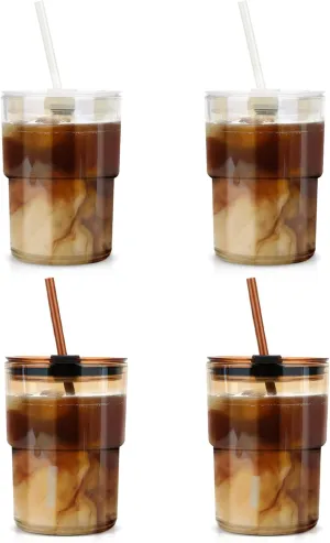 13oz Tumbler Water Glass Cups with Straw and Lid, 4 Pack Reusable Glass Tumbler for Iced Tea, Coffee, Sealed Carry-On Travel Cups for Office, Party, Camping and Outdoor