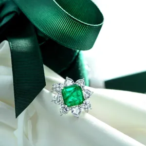 14K Solid Gold over S925 Luxury Square 5ct Emerald Ring with Moissanite for Women, Exquisite Flower Design Jewelry, A Treasure Gift of Any Occasions