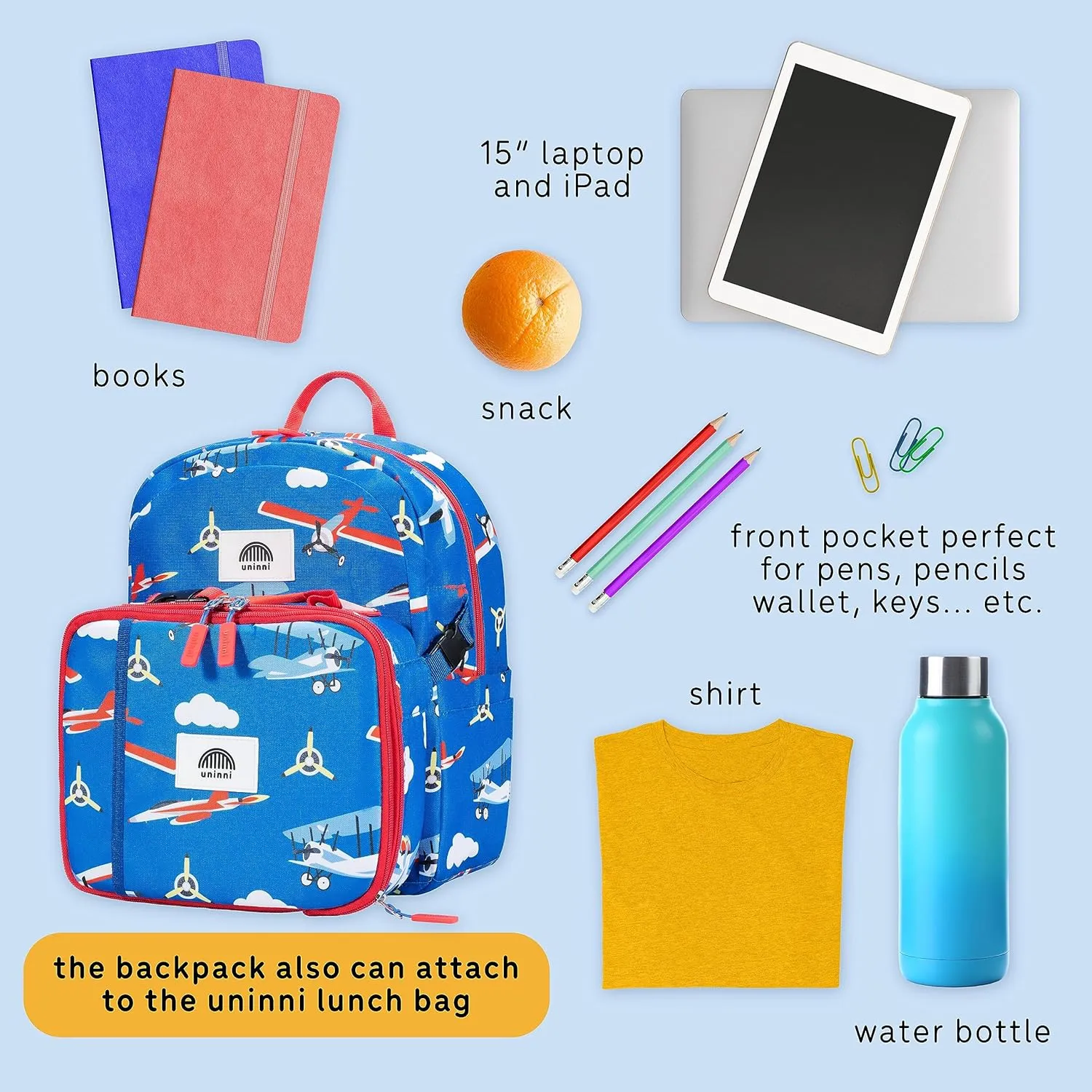 14" Kids Backpack for Girls and Boys Age 5-8 Years Old with Padded, and Adjustable Shoulder Straps - Aircraft (Blue)