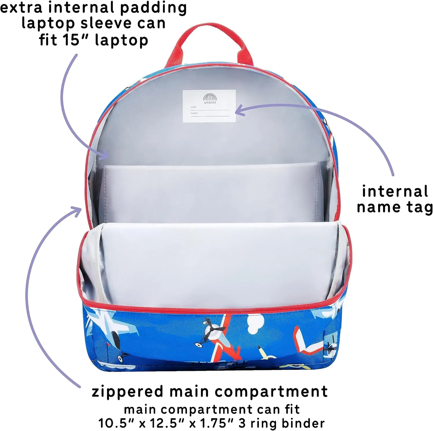 14" Kids Backpack for Girls and Boys Age 5-8 Years Old with Padded, and Adjustable Shoulder Straps - Aircraft (Blue)