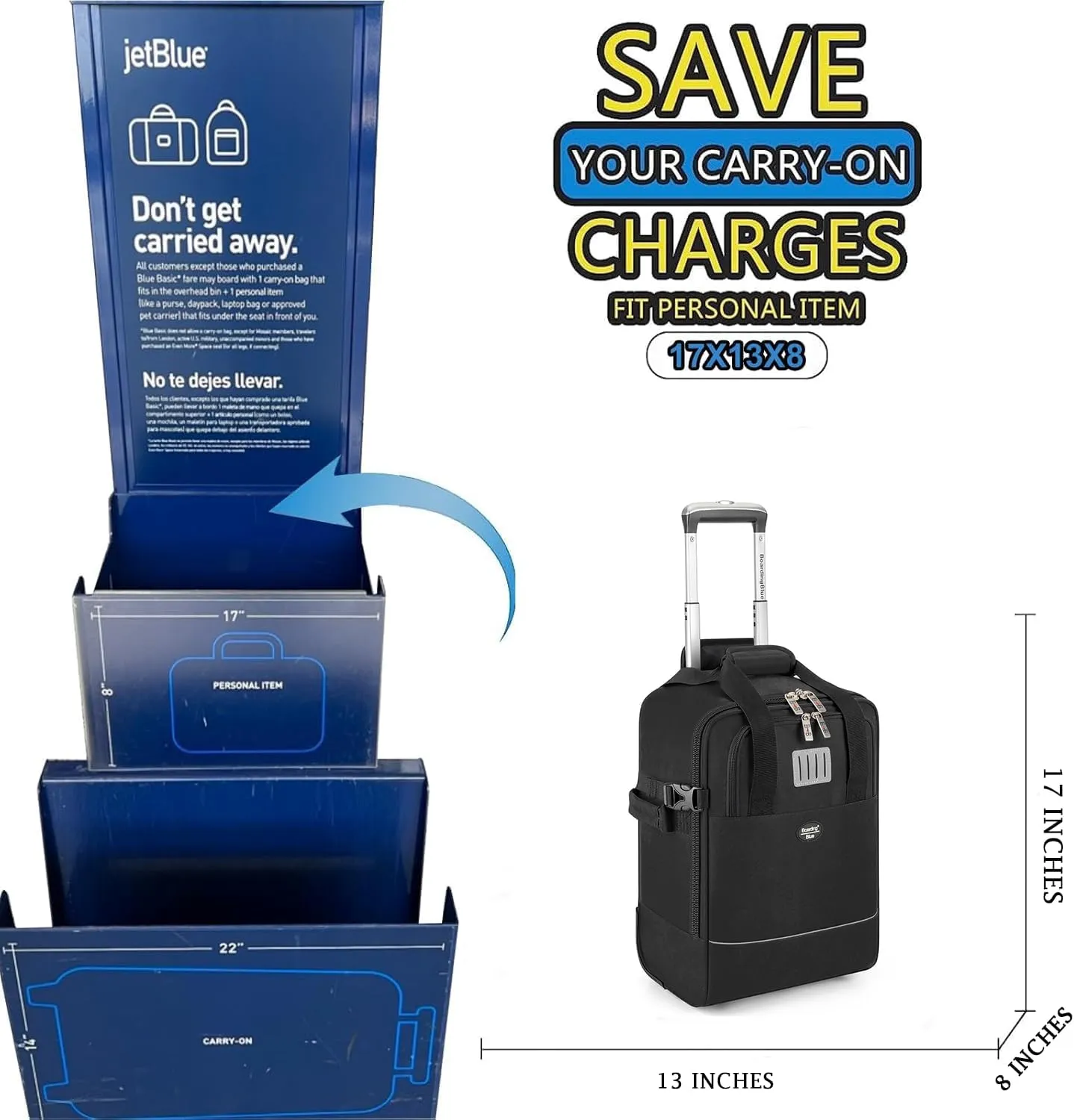 17x13x8 Inches JetBlue Airlines Rolling Personal Item Underseat Travel Bag - Suitable for Major Airlines including Spirit, Jetblue and Frontier- Duffel Bag Design (Black, 17x13x8 Inches)