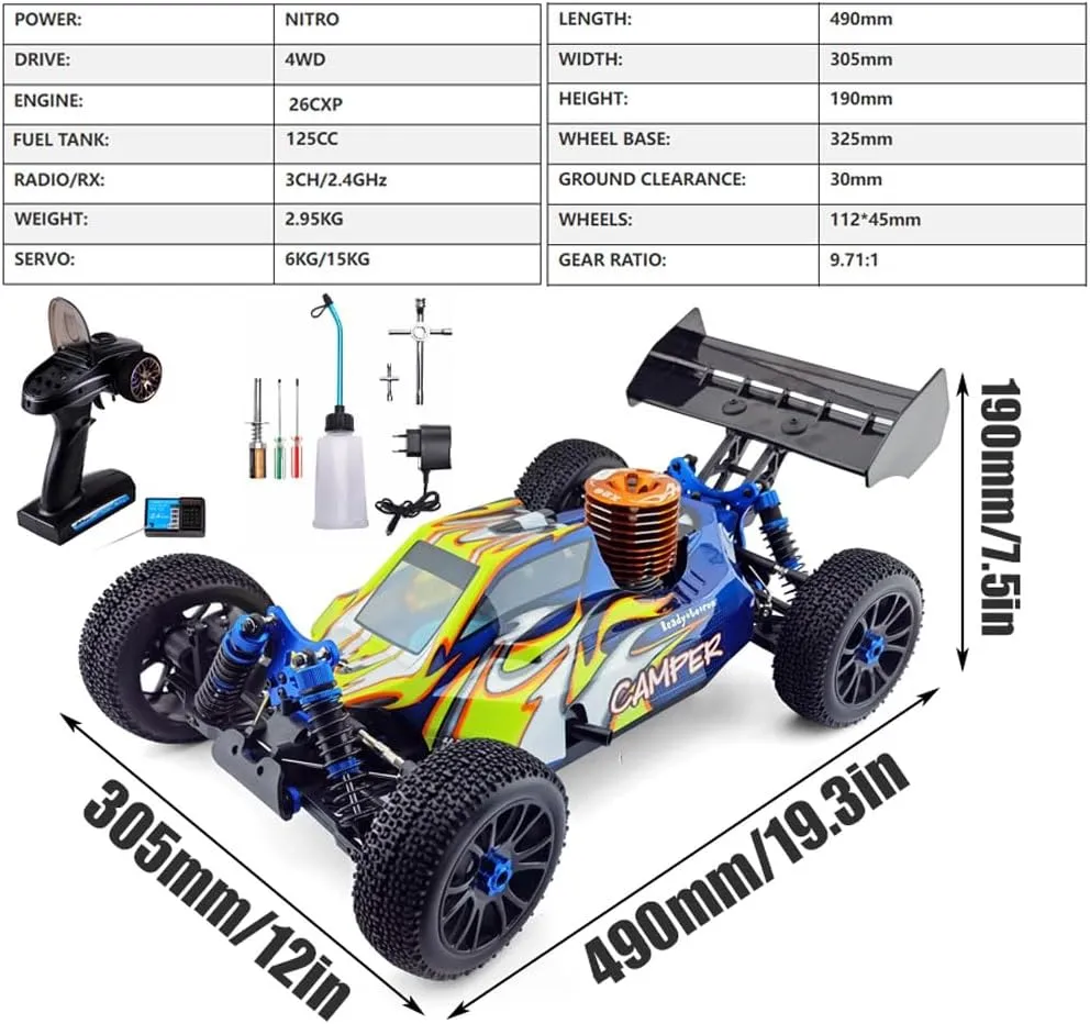 1/8 Nitro RC Truck for Adult 90KM/H 4WD Nitro Gas Powered RC Car 94970 26CXP Engine Fast Speed Remote Control Truck RTR Hobby Racing Vehicle Methanol Fuel Off-Road Short Course Crawler (Blue)