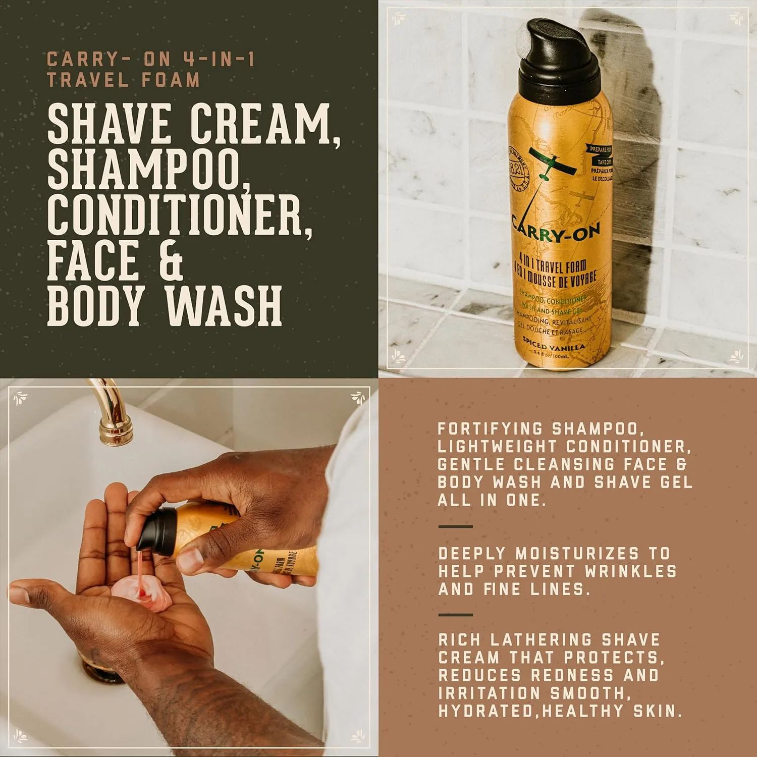 18.21 Man Made Carry On 4-in-1 Travel Foam, Shampoo, Conditioner, Wash & Shave, Carry-On Friendly, 3.4 fl. oz