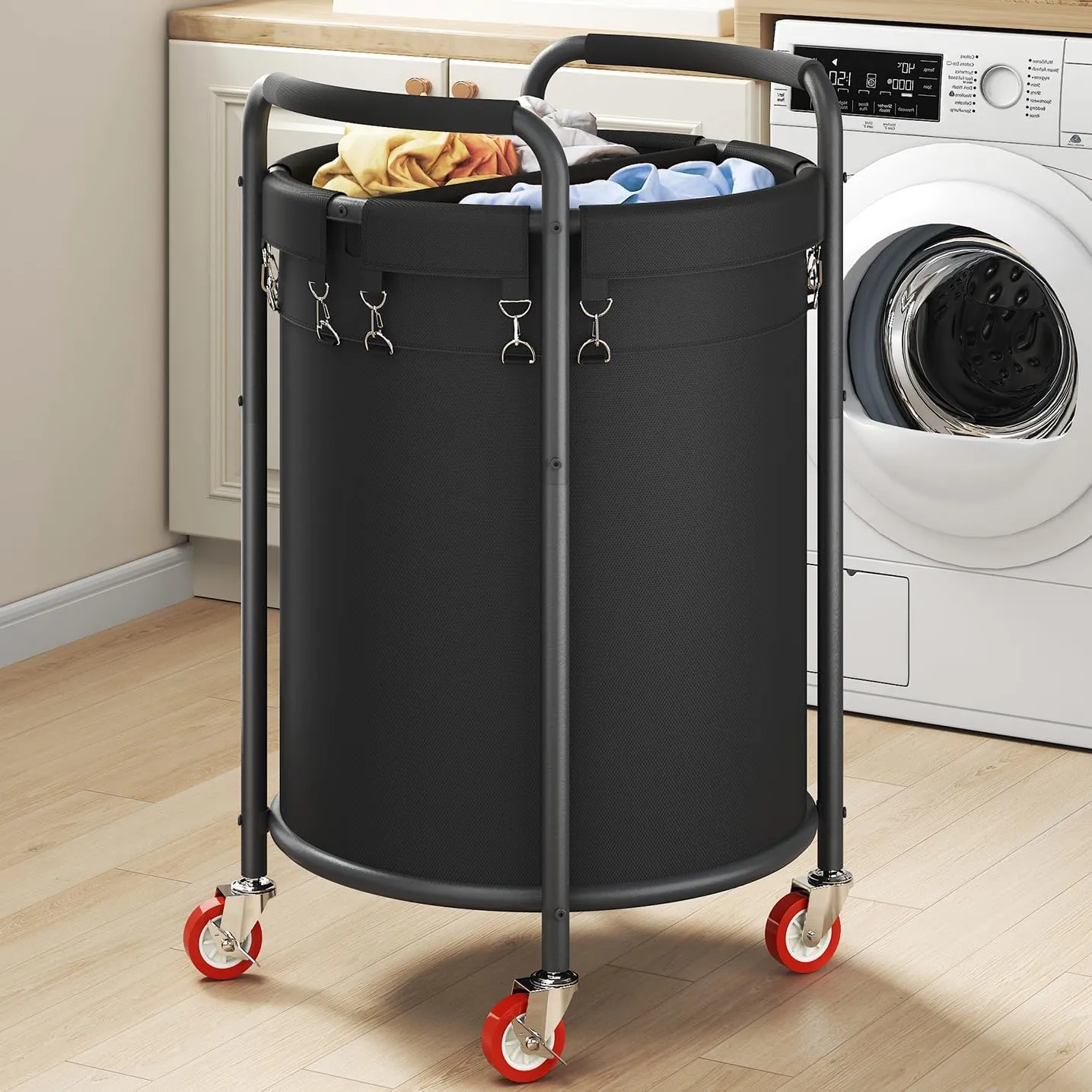 190L 2 Section Laundry Basket with Wheels, 50 Gal., Rolling Laundry Hamper, Round Laundry Sorter Cart with Handle, Steel Frame and Removable Bag for Clothes Storage