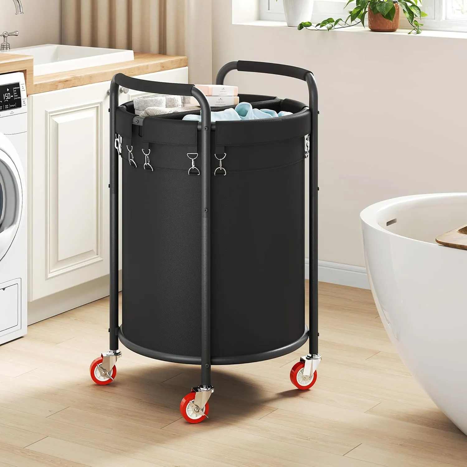 190L 2 Section Laundry Basket with Wheels, 50 Gal., Rolling Laundry Hamper, Round Laundry Sorter Cart with Handle, Steel Frame and Removable Bag for Clothes Storage