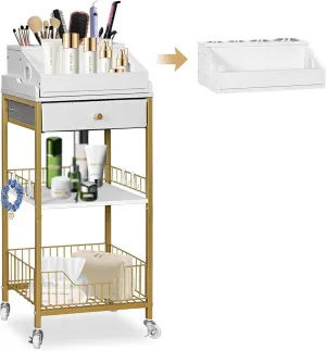 2 in 1 Large Rolling Makeup Cart Organizer with Hair Dryer Holder, Skincare Organizers on Wheels, Floor Cosmetics Display Cases, Bathroom Storage Cart with Drawer, Gold (Patent Pending)