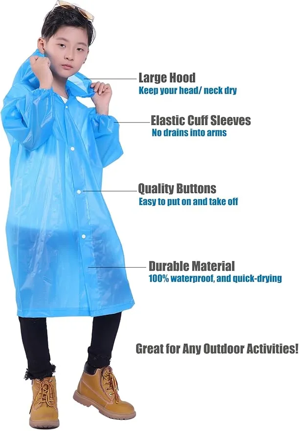 2 Pack Rain Ponchos for Kids, Reusable Kids Rain Jacket with Hood Waterproof Raincoats for Boys and Girls