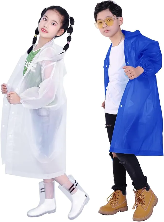 2 Pack Rain Ponchos for Kids, Reusable Kids Rain Jacket with Hood Waterproof Raincoats for Boys and Girls