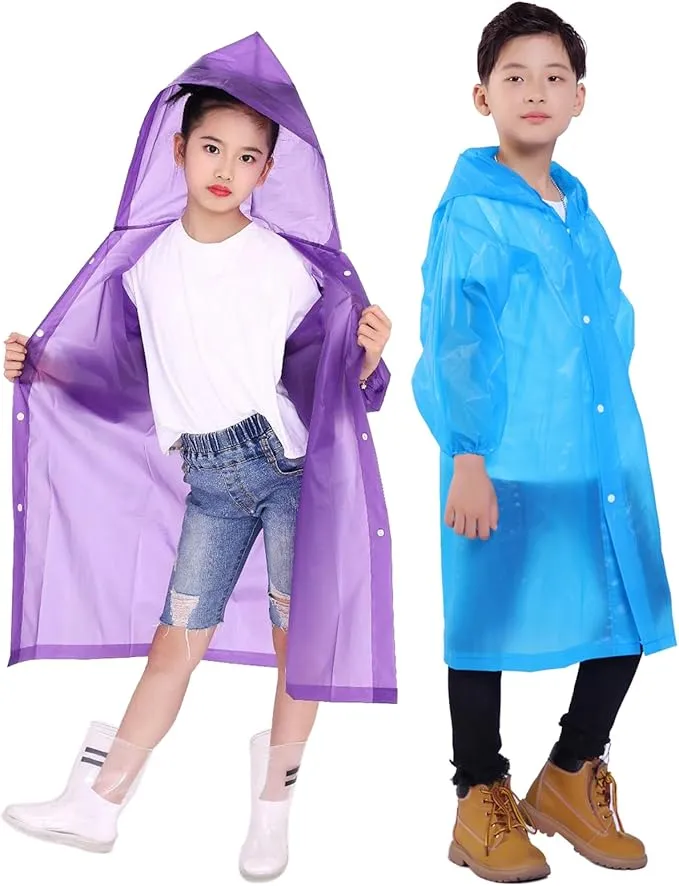 2 Pack Rain Ponchos for Kids, Reusable Kids Rain Jacket with Hood Waterproof Raincoats for Boys and Girls