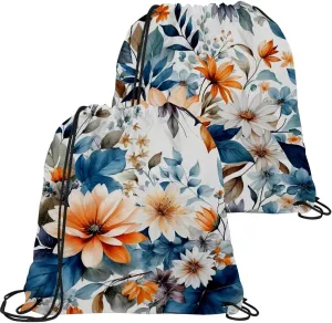 2 Pieces Drawstring Backpacks, Flowers and Green Leaves Draw String Back Bag Drawstring Bags for Sports, Gym, Travel, Swimming, Beach
