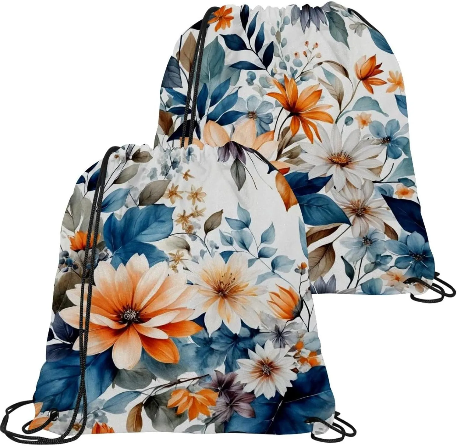 2 Pieces Drawstring Backpacks, Flowers and Green Leaves Draw String Back Bag Drawstring Bags for Sports, Gym, Travel, Swimming, Beach