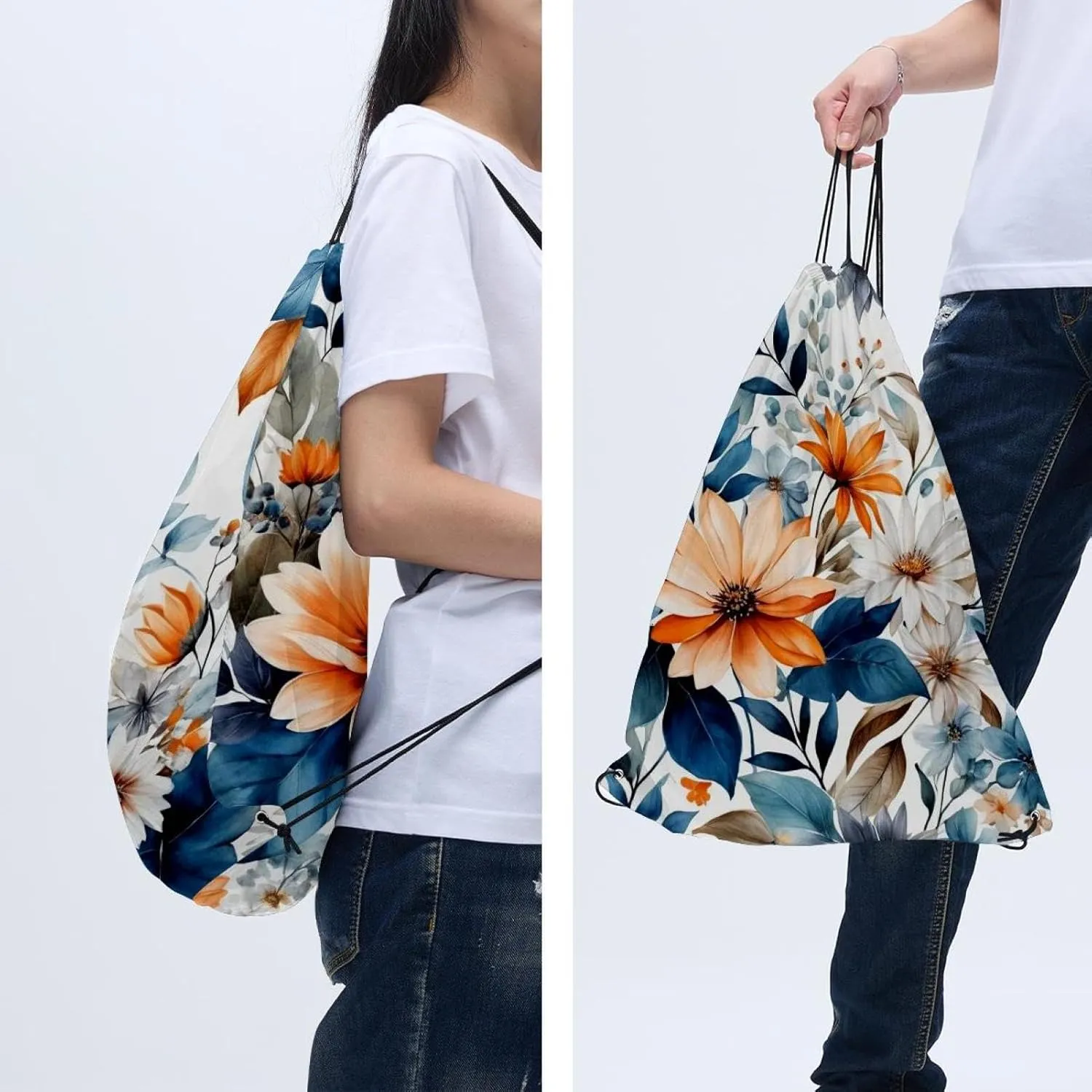 2 Pieces Drawstring Backpacks, Flowers and Green Leaves Draw String Back Bag Drawstring Bags for Sports, Gym, Travel, Swimming, Beach