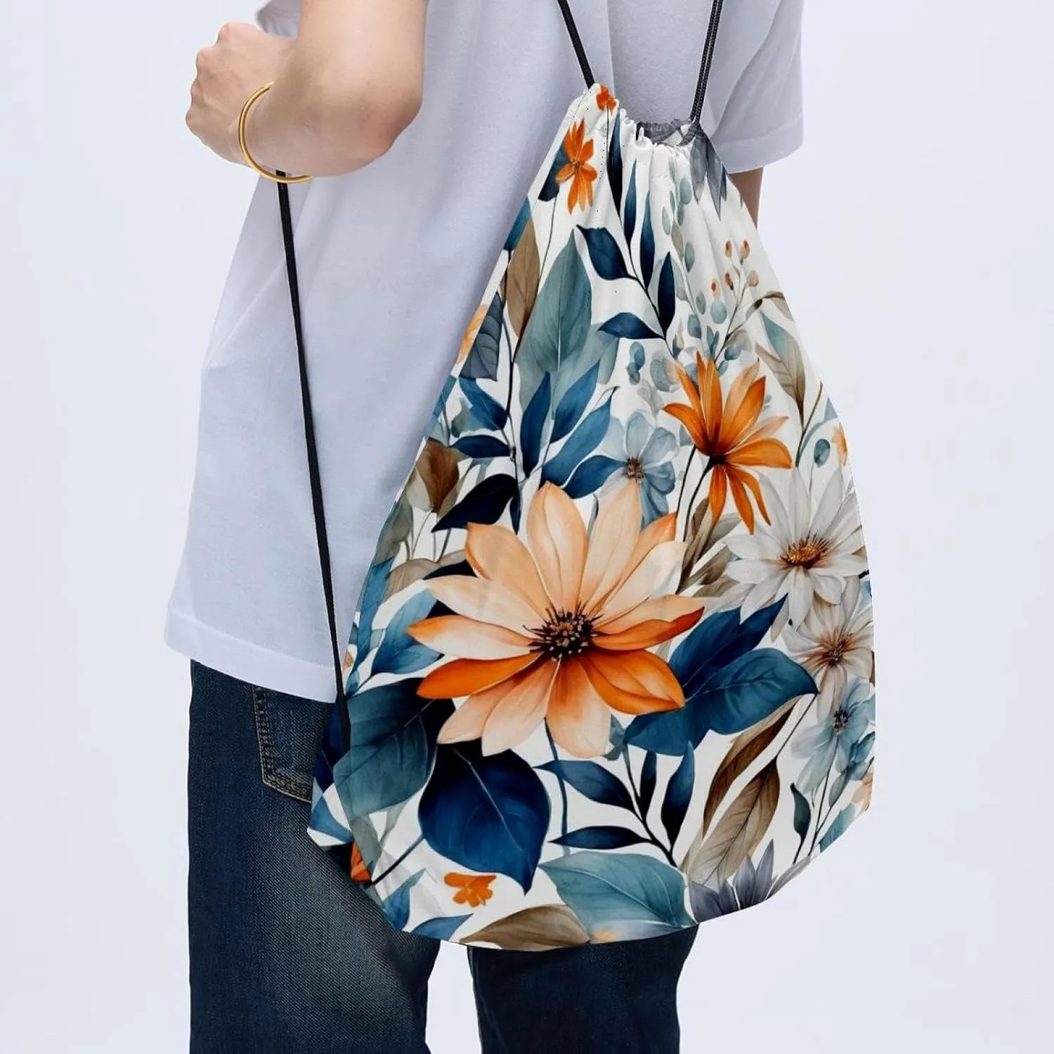 2 Pieces Drawstring Backpacks, Flowers and Green Leaves Draw String Back Bag Drawstring Bags for Sports, Gym, Travel, Swimming, Beach