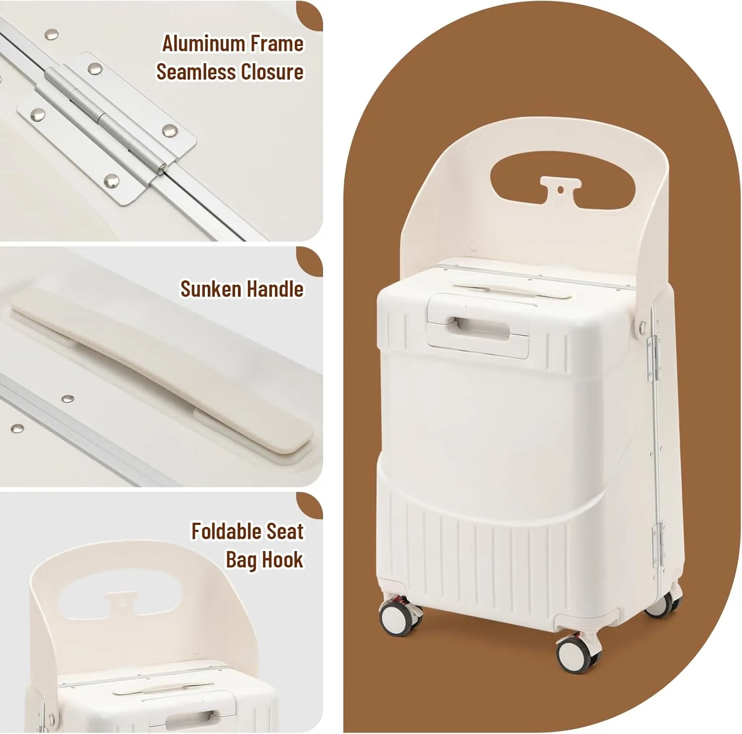 20 Inch Carry On TSA Lock Luggage with for Kids& Adult,Lockable Spinner Wheels Free Luggage Cover and Safety Seatbelt Travel Suitcase (Carry-On TSA Luggage with Child Seat White)