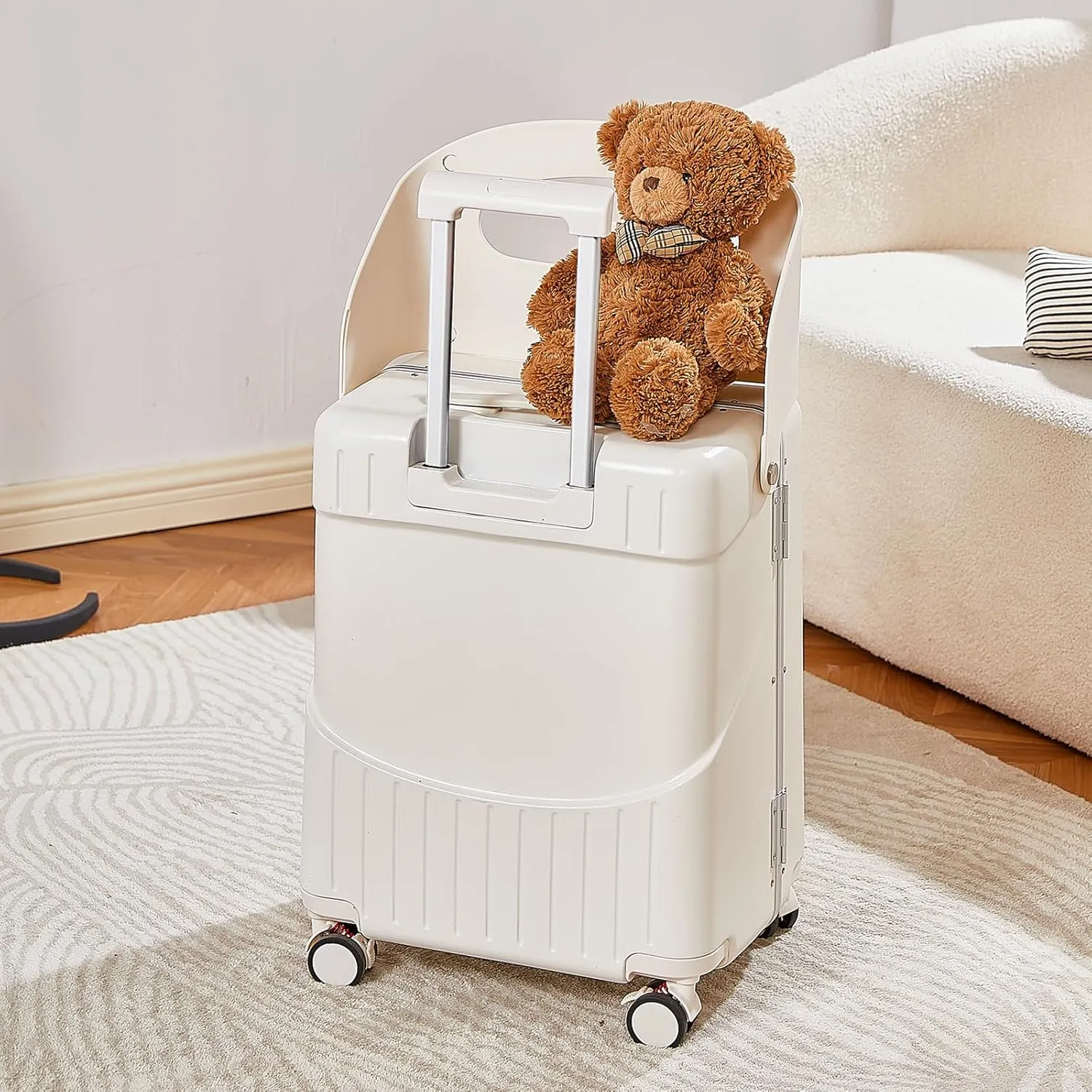 20 Inch Carry On TSA Lock Luggage with for Kids& Adult,Lockable Spinner Wheels Free Luggage Cover and Safety Seatbelt Travel Suitcase (Carry-On TSA Luggage with Child Seat White)