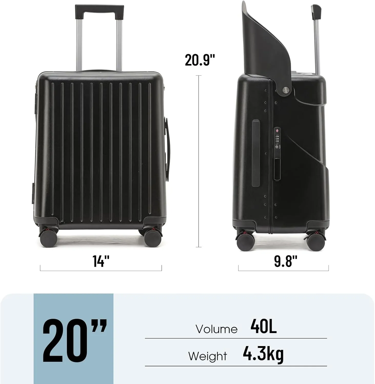 20 Inch Carry On TSA Lock Luggage with for Kids& Adult,Lockable Spinner Wheels Free Luggage Cover and Safety Seatbelt Travel Suitcase(Carry-On TSA Luggage with Child Seat Black)