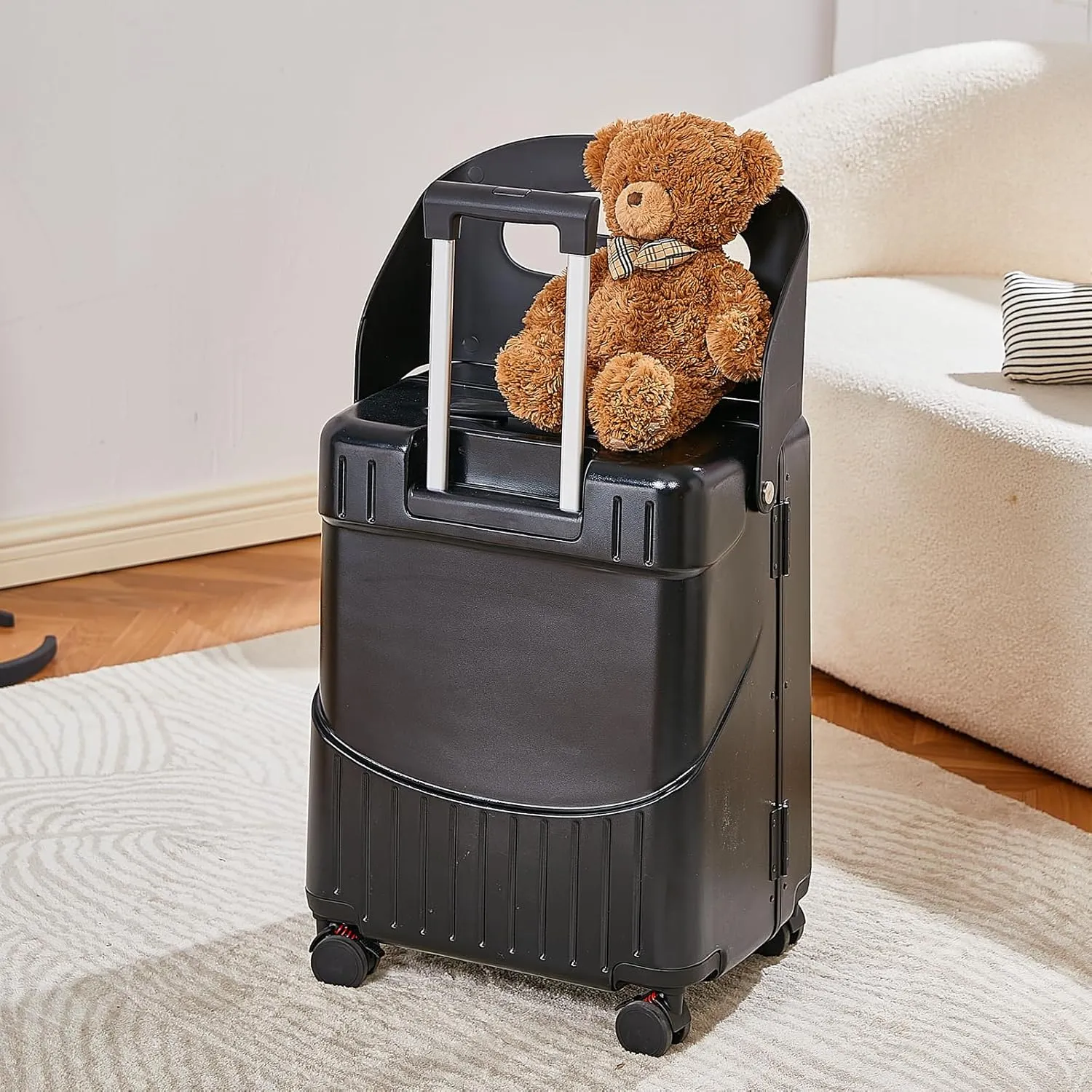 20 Inch Carry On TSA Lock Luggage with for Kids& Adult,Lockable Spinner Wheels Free Luggage Cover and Safety Seatbelt Travel Suitcase(Carry-On TSA Luggage with Child Seat Black)