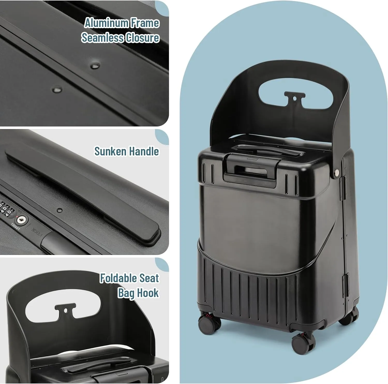 20 Inch Carry On TSA Lock Luggage with for Kids& Adult,Lockable Spinner Wheels Free Luggage Cover and Safety Seatbelt Travel Suitcase(Carry-On TSA Luggage with Child Seat Black)