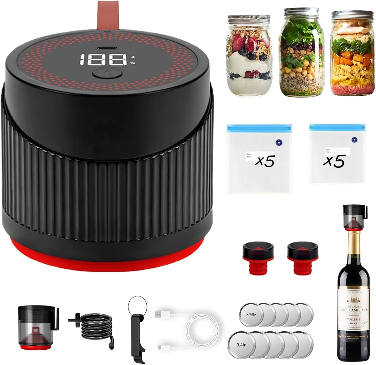 2025 Latest Portable Electric Mason Jar Vacuum Sealer Kit for Food Storage,Firm and Non-Slip Seal,One-Button Start and Easy Operation, Suitable for Wide Mouth or Regular Mouth Mason Jars