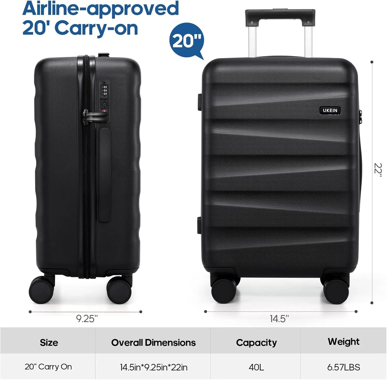 20Inch Carry-On Luggage, Lightweight PC HardShell Suitcase with 360° Spinner Wheels, TSA-Approved, Durable Airline Approved Rolling Luggage with Telescoping Handle, Ideal for 3-4 Day Travel