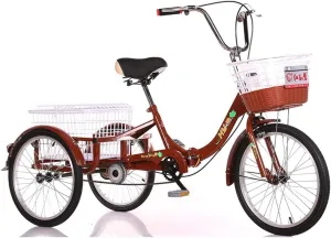 20inch Foldable 3 Wheel Bicycle Adult Tricycle Seniors Cruiser Bikes Trike Pedal with Adjust Seat Double Braking System and Cargo Basket for Women Men