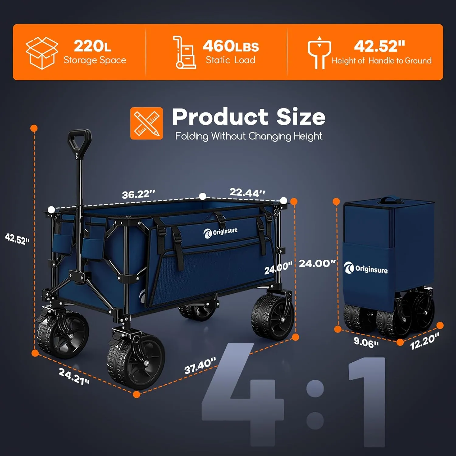 220L Collapsible Wagon Cart Foldable, 460LB Load Capacity Heavy Duty Folding Beach Wagons with Big All-Terrain Wheels, Utility Carts for Groceries, Shopping, Camping, Sports - Blue