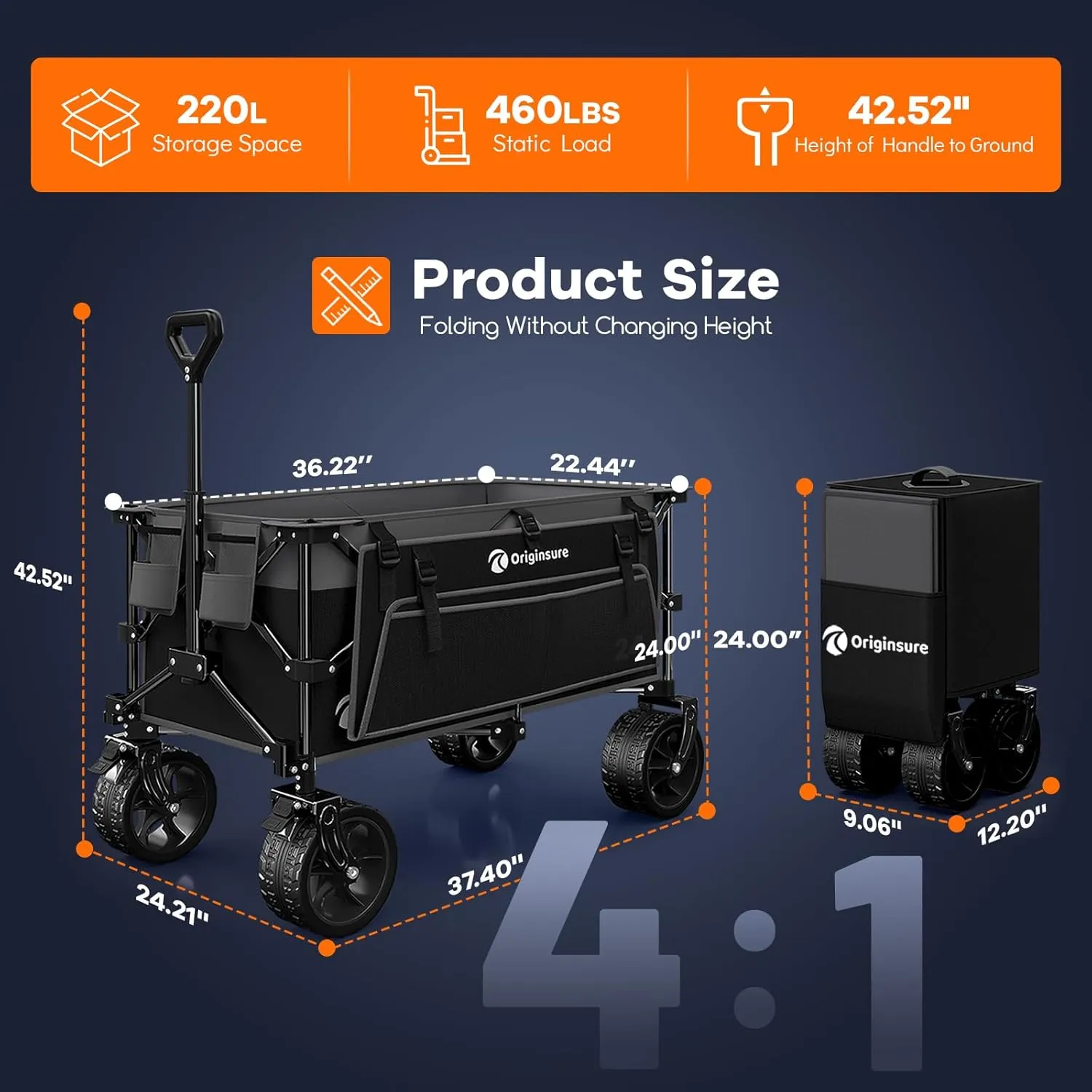 220L Collapsible Wagon Cart Foldable, 460LB Load Capacity Heavy Duty Folding Beach Wagons with Big All-Terrain Wheels, Utility Carts for Groceries, Shopping, Camping, Sports - Grey&Black